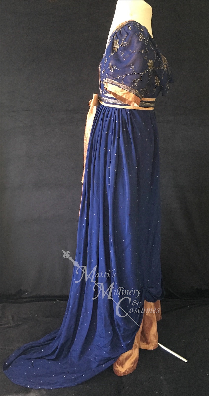 Jane Austen Regency Day Dress in navy blue and gold silk sari