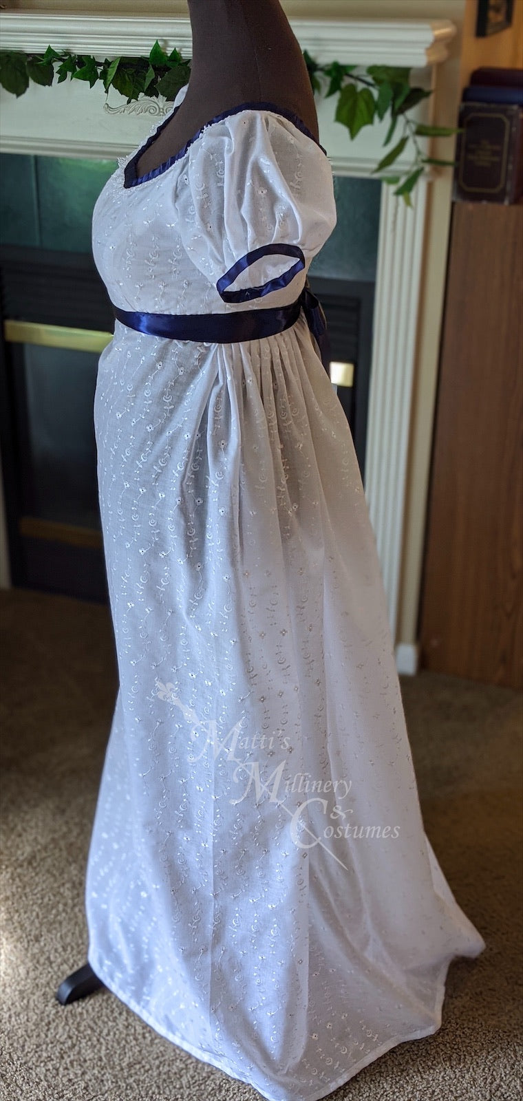 Blue White Elegant Eyelet Cotton Regency Jane Austen Day Dress Gown