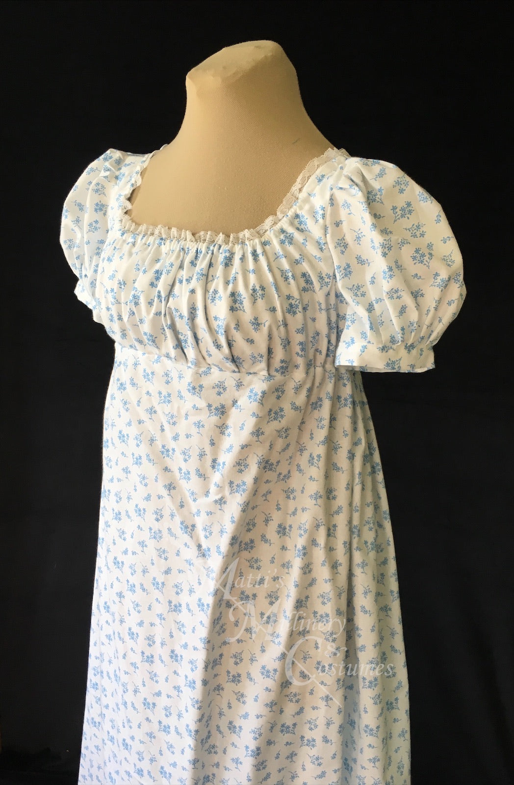 Blue Print Cotton Jane Austen Regency Day Dress Gown