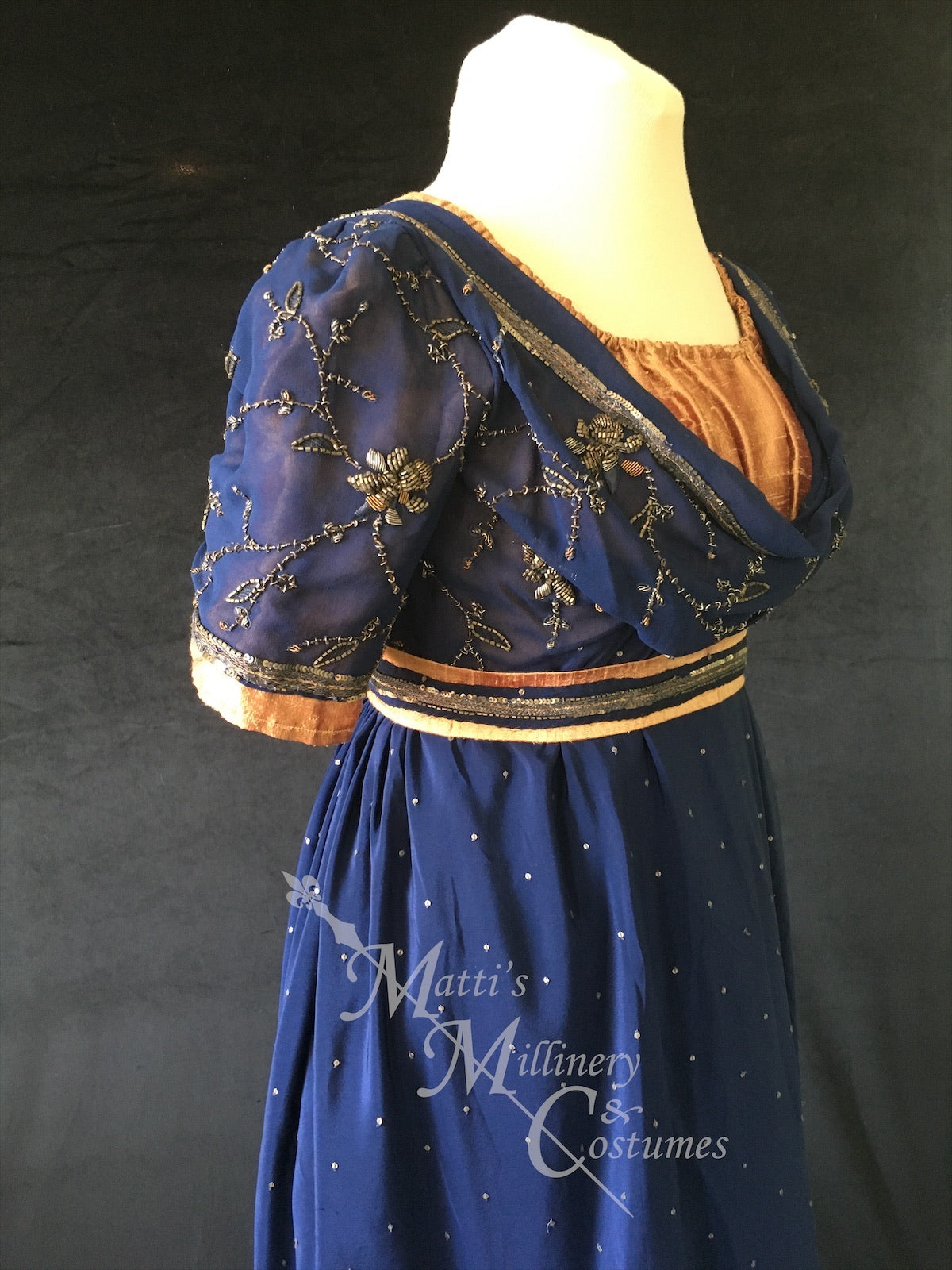 Jane Austen Regency Day Dress in navy blue and gold silk sari