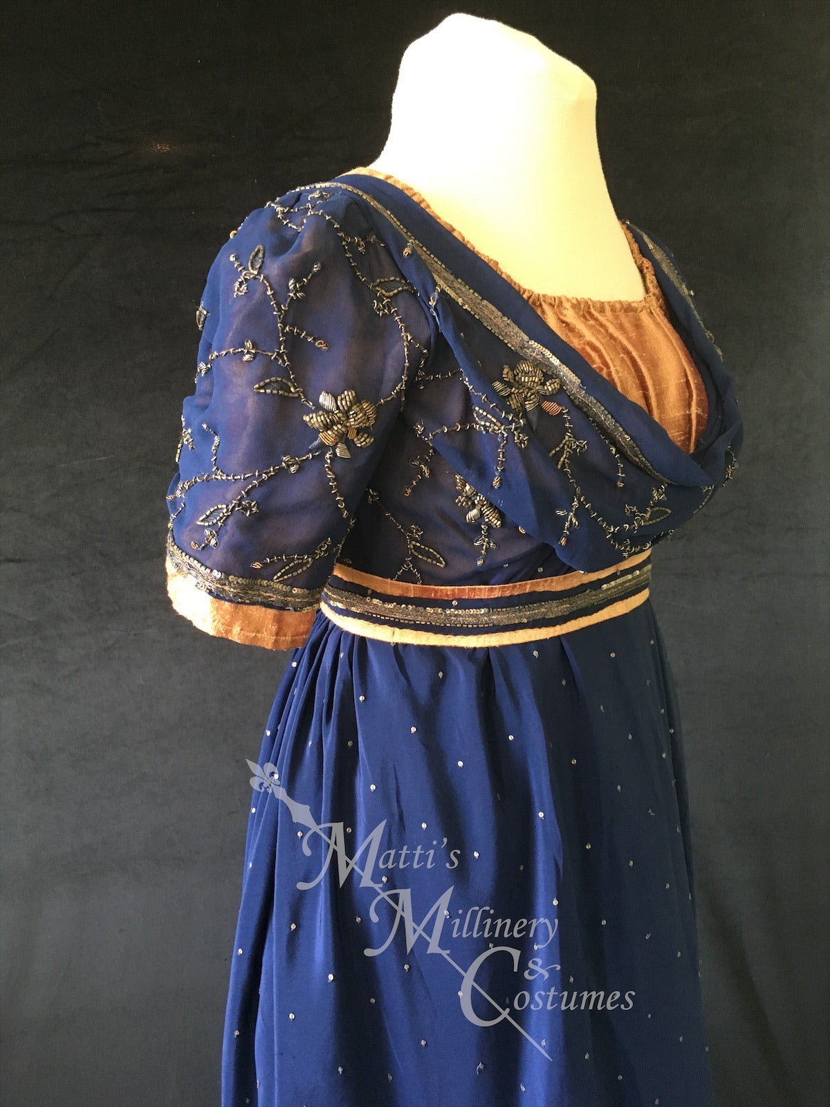 Jane Austen Regency Day Dress in navy blue and gold silk sari Matti's Millinery & Costumes Jane Austen Regency Day Dress in navy blue and gold silk sari Matti's Millinery & Costumes