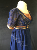 Load image into Gallery viewer, Jane Austen Regency Day Dress in navy blue and gold silk sari
