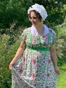 Henrietta Indian Block Print Cotton Regency Day Dress in green, pink print