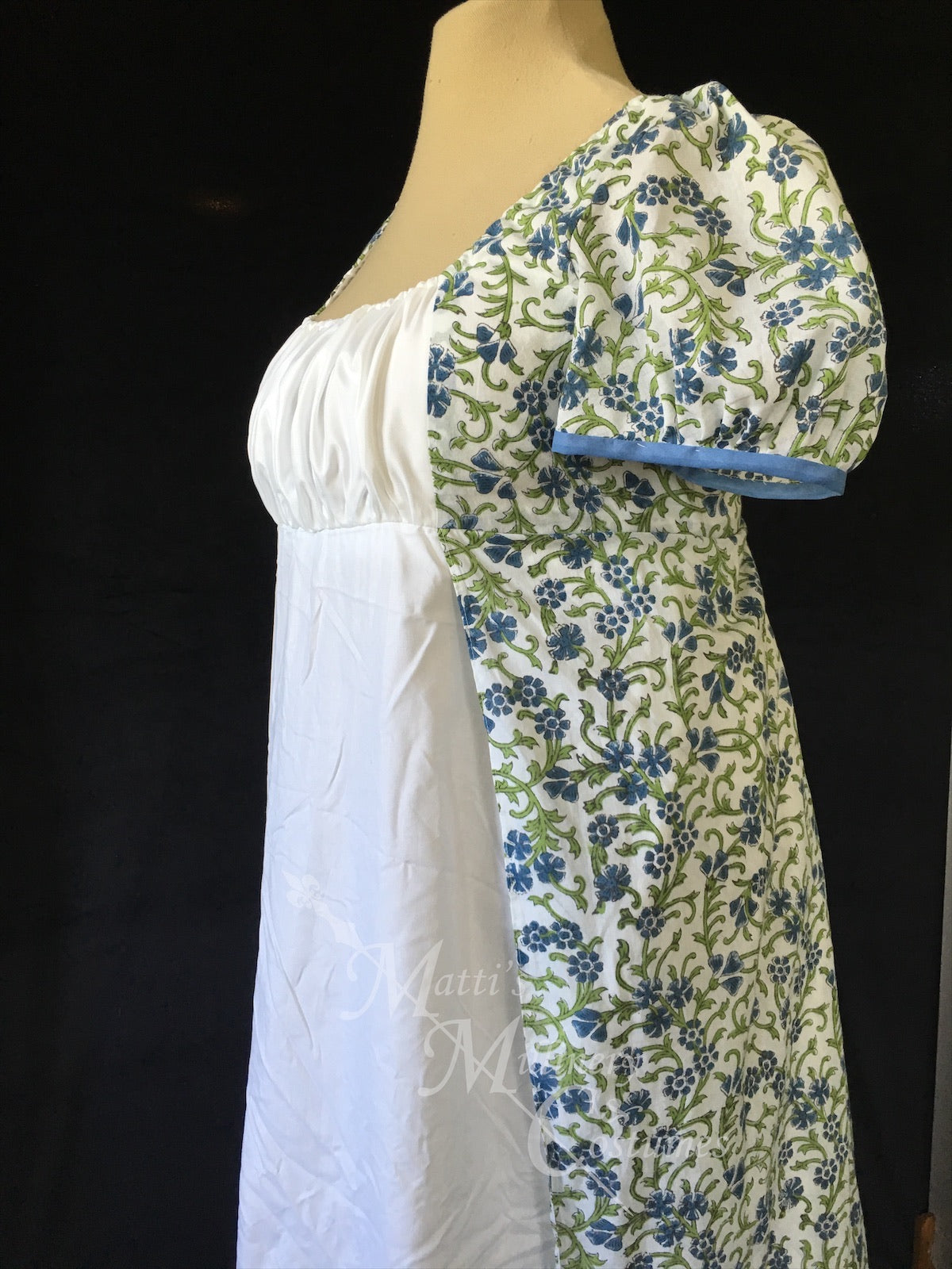 Blue Green Madeline Block Print Cotton Jane Austen Regency Day Dress G Matti's Millinery & Costumes Blue Green Madeline Block Print Cotton Jane Austen Regency Day Dress G Matti's Millinery & Costumes