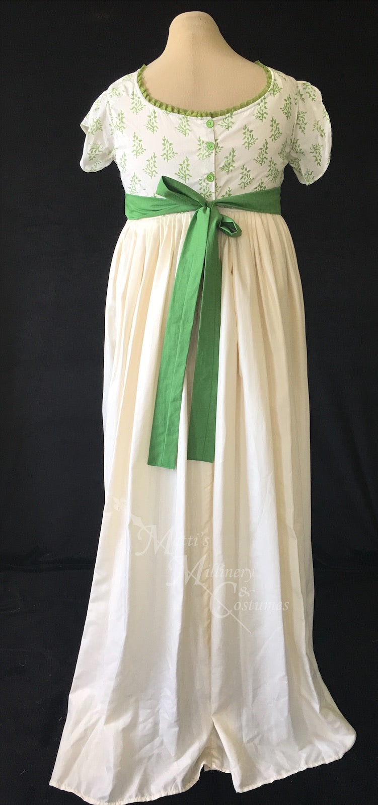 Green Illusion Block Print Cotton Regency Jane Austen Day Dress Gown