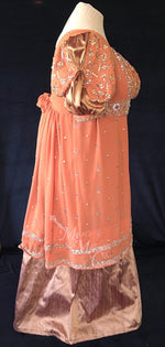 Load image into Gallery viewer, Coral Plus Size Regency Jane Austen Ball Gown Evening Dress in silk dupioni &amp; sari silk

