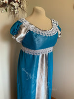 Load image into Gallery viewer, Teal Silver Elegant Regency Jane Austen Ball Gown Evening Dress in silk dupioni &amp; sari silk
