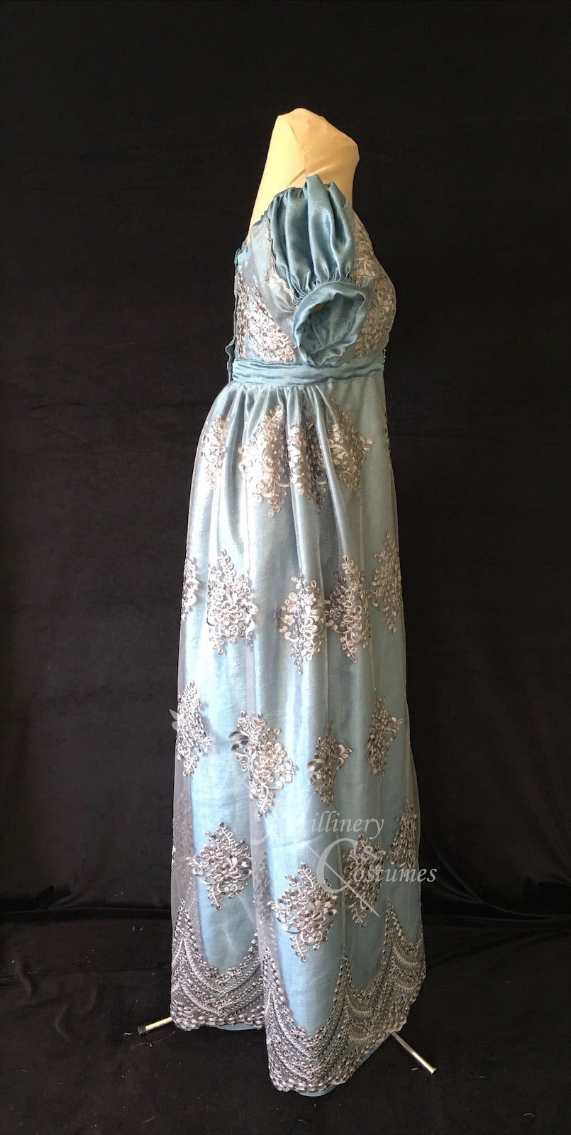 Silver Turquoise Elegant Lace Net Regency Jane Austen Ball Dress Gown Matti's Millinery & Costumes Silver Turquoise Elegant Lace Net Regency Jane Austen Ball Dress Gown Matti's Millinery & Costumes