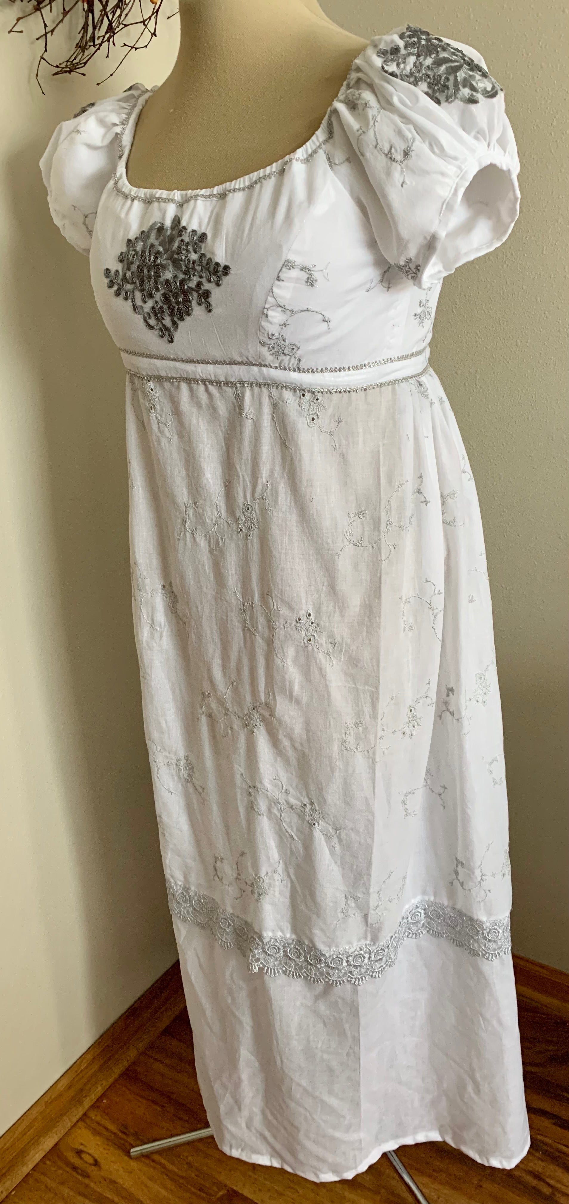 White Silver Elegant Regency Jane Austen Ball Gown Evening Dress in silk dupioni & sari silk