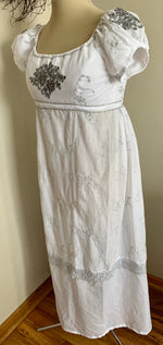 Load image into Gallery viewer, White Silver Elegant Regency Jane Austen Ball Gown Evening Dress in silk dupioni &amp; sari silk
