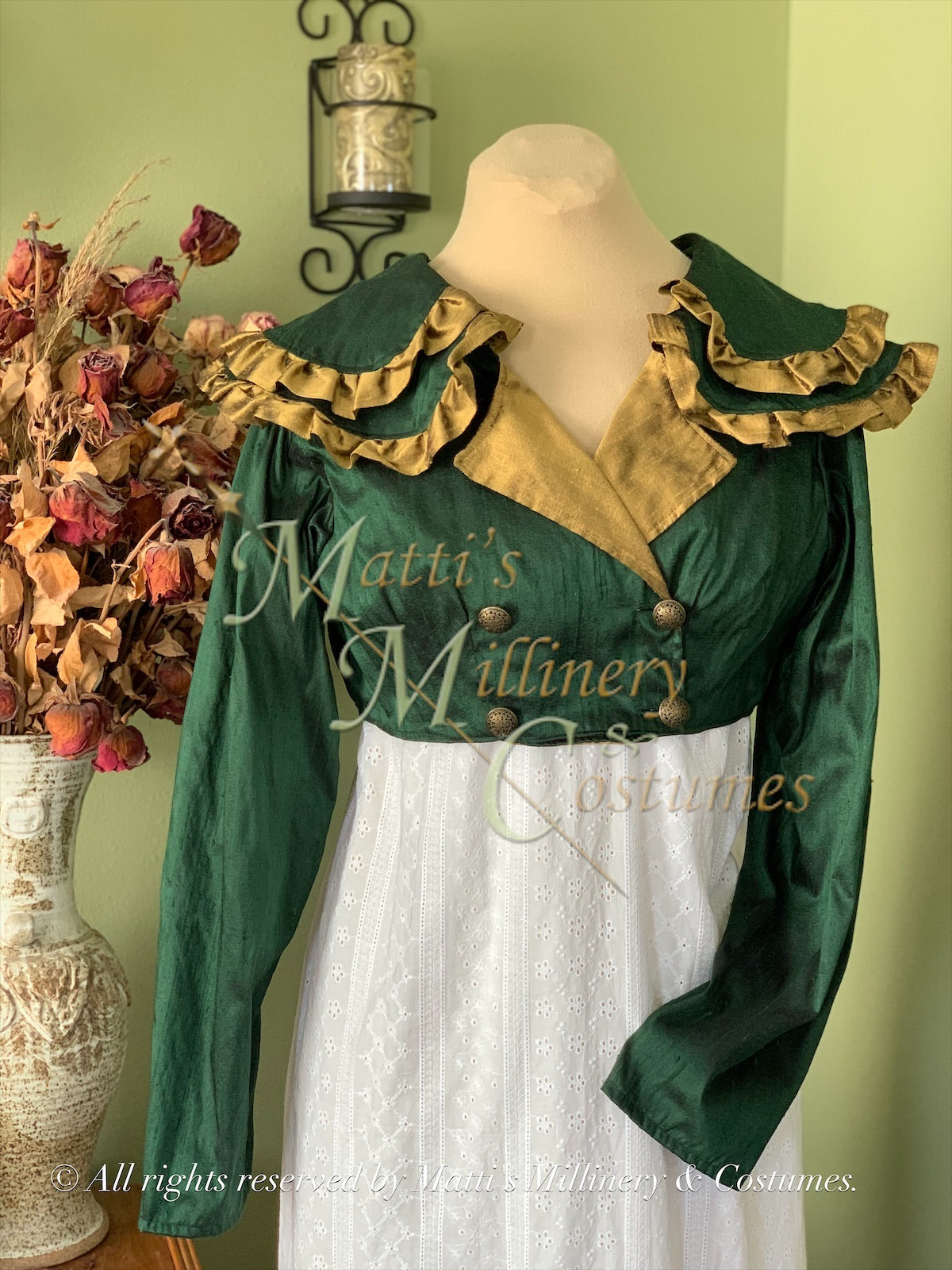 CUSTOM Green Gold SHAWNA Regency Jane Austen Day Dress Spencer Short J Matti's Millinery & Costumes CUSTOM Green Gold SHAWNA Regency Jane Austen Day Dress Spencer Short J Matti's Millinery & Costumes