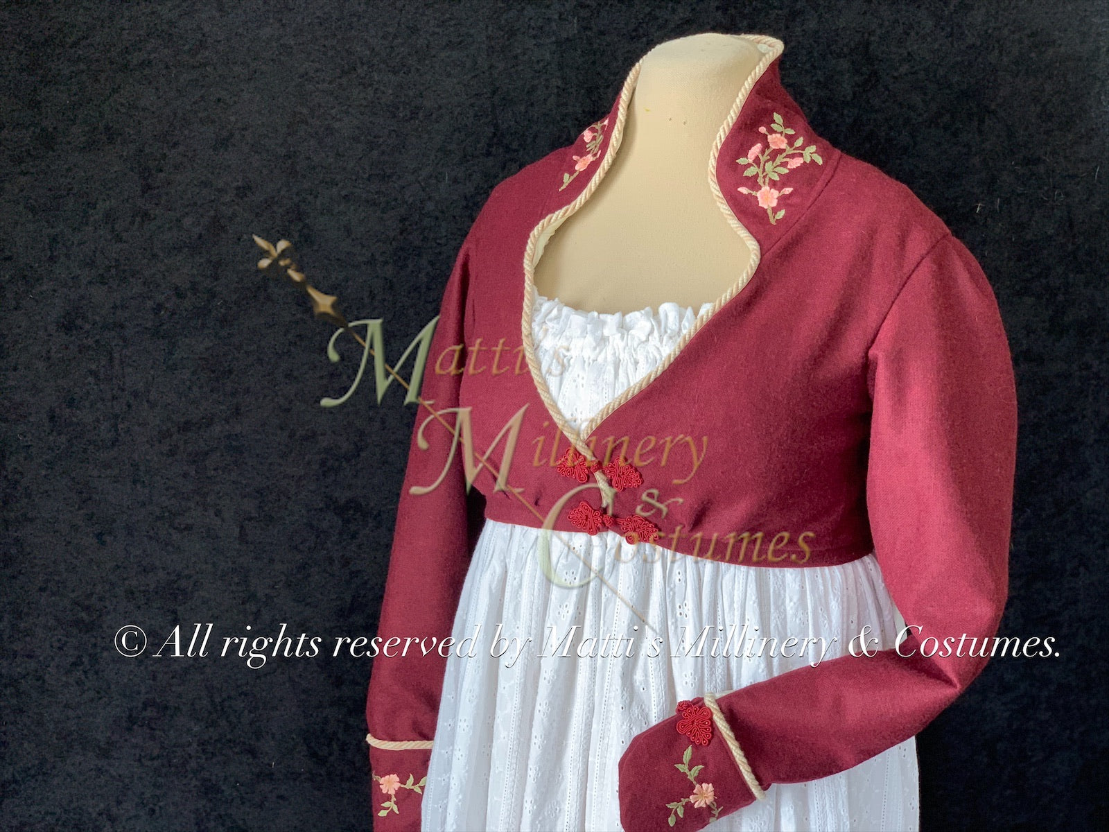 Elliot Burgundy Wool embroidered spencer Regency Jane Austen Day Dress Spencer Short Jacket Pelisse
