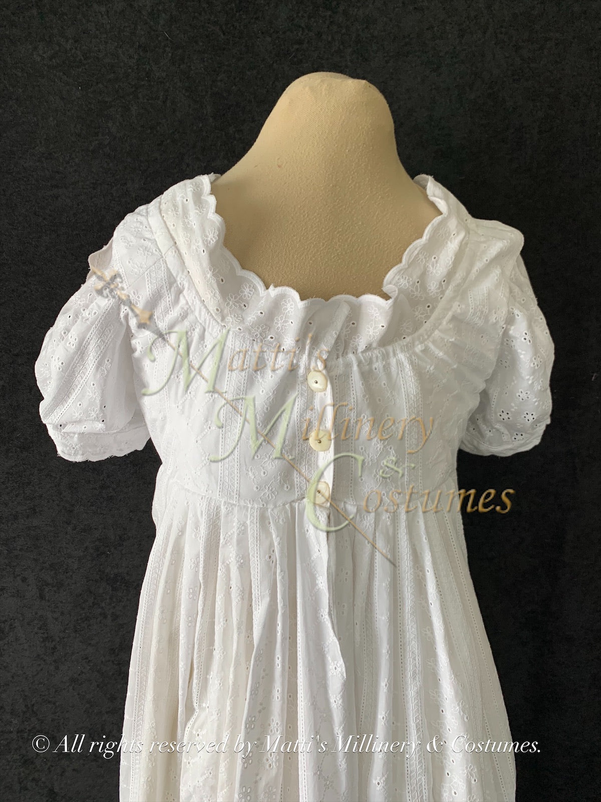 Fancy White Eyelet Cotton Jane Austen Regency Day Dress with crossover neckline