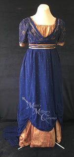 Load image into Gallery viewer, Jane Austen Regency Day Dress in navy blue and gold silk sari
