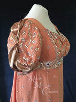 Load image into Gallery viewer, Coral Plus Size Regency Jane Austen Ball Gown Evening Dress in silk dupioni &amp; sari silk

