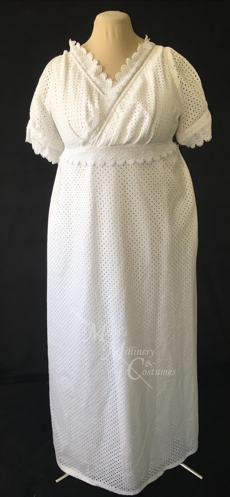 White Eyelet Cotton Jane Austen Regency Day Dress with crossover neckline