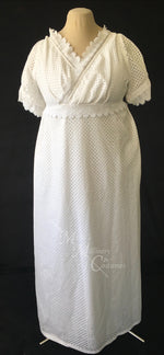 Load image into Gallery viewer, White Eyelet Cotton Jane Austen Regency Day Dress with crossover neckline

