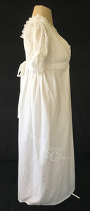 White Eyelet Cotton Jane Austen Regency Day Dress with crossover neckline
