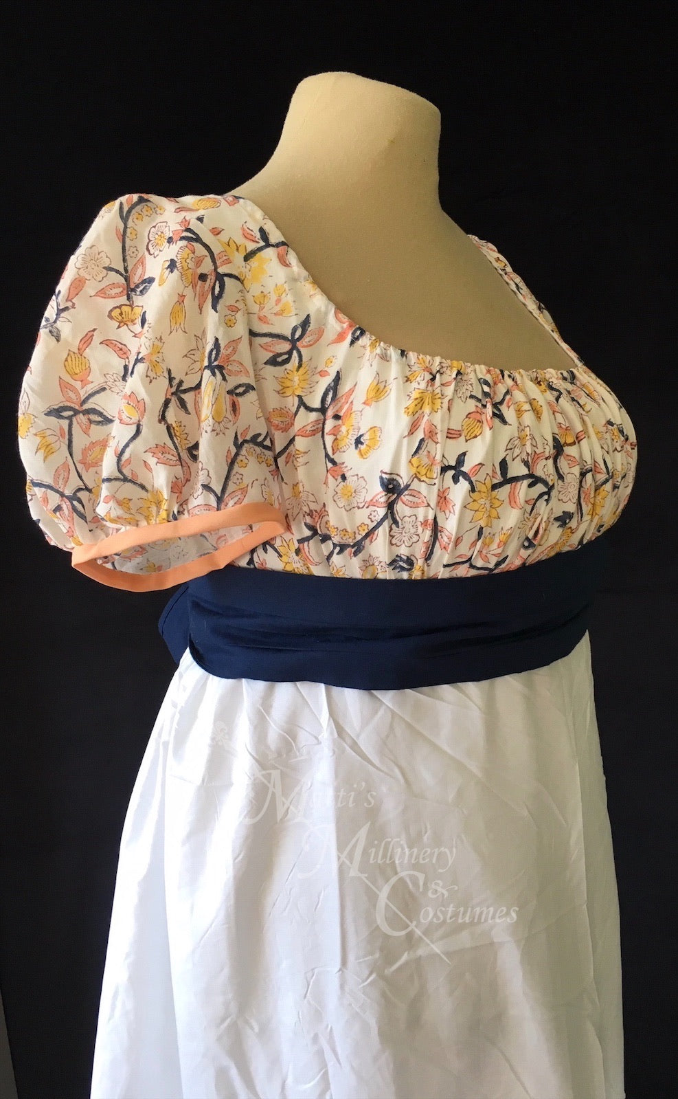 Peach Navy Illusion Block Print Cotton Regency Jane Austen Day Dress Gown