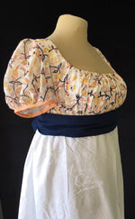 Load image into Gallery viewer, Peach Navy Illusion Block Print Cotton Regency Jane Austen Day Dress Gown
