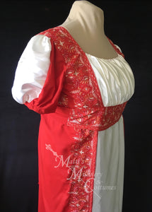 Madeline Regency Ball Dress in red silk embroidered sari and ivory satin