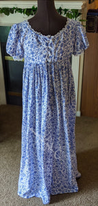 Blue Silver Print Cotton Jane Austen Regency Day Dress Gown