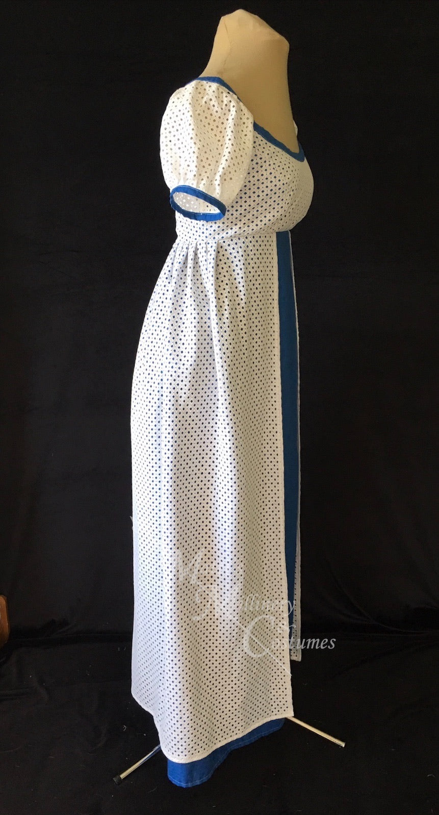 Blue White Elegant Eyelet Cotton Regency Jane Austen Day Dress Gown