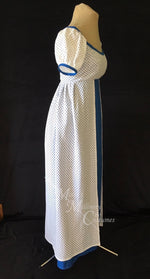Load image into Gallery viewer, Blue White Elegant Eyelet Cotton Regency Jane Austen Day Dress Gown
