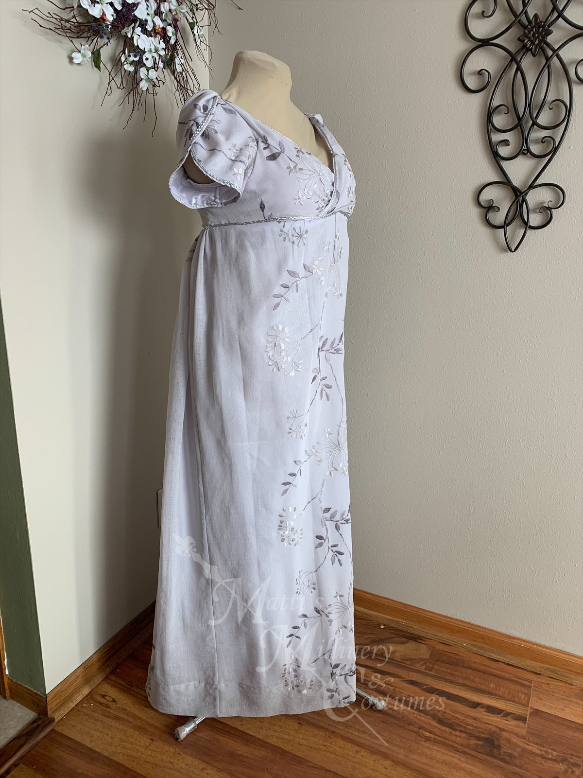 silver regency dress Silver Turquoise Elegant Lace Net Regency Jane Austen Ball Dress Gown Matti's Millinery & Costumes