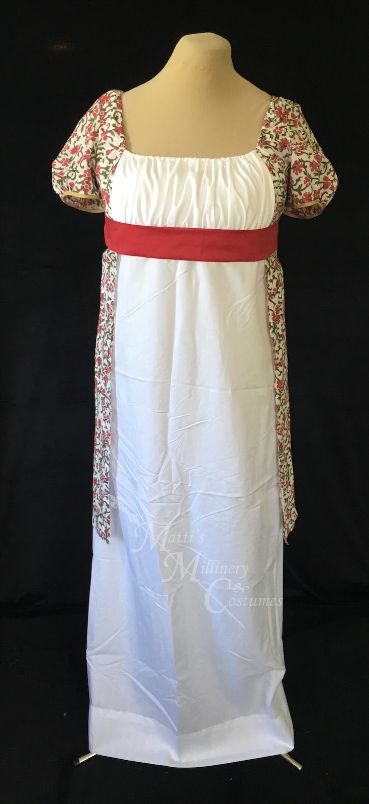 Red White Madeline Block Print Cotton Jane Austen Regency Day Dress Gown