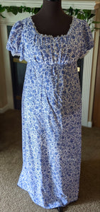 Blue Silver Print Cotton Jane Austen Regency Day Dress Gown