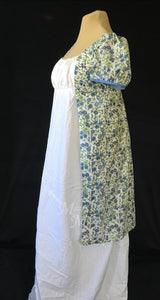 Blue Green Madeline Block Print Cotton Jane Austen Regency Day Dress Gown