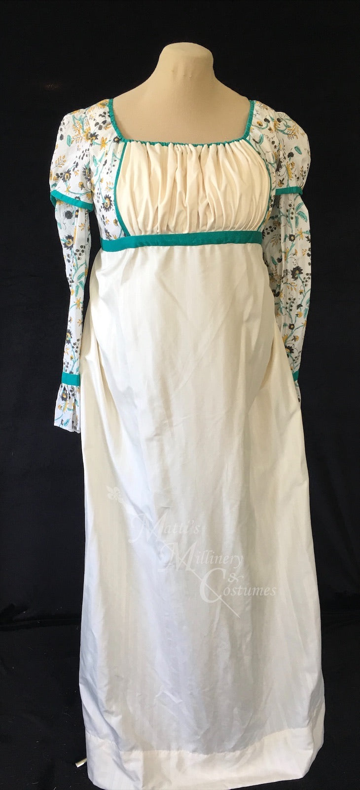 Teal Madeline Block Print Cotton Jane Austen Regency Day Dress Gown
