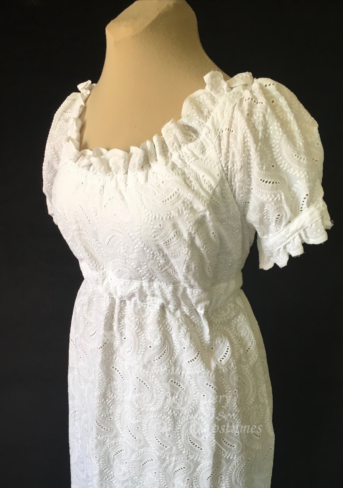 White Elegant Eyelet Cotton Regency Jane Austen Day Dress Gown