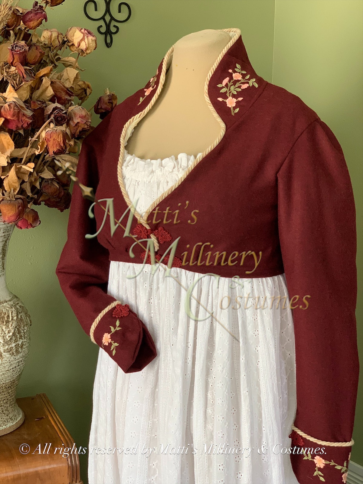 Elliot Burgundy Wool embroidered spencer Regency Jane Austen Day Dress Spencer Short Jacket Pelisse